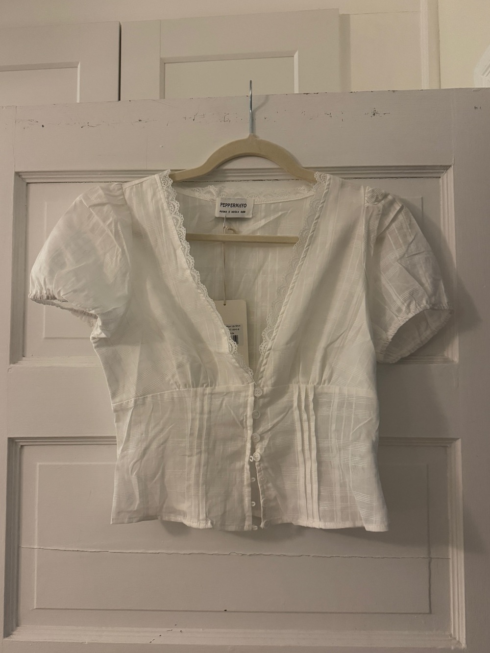 Peppermayo White Sheer Button Up Short Sleeved Blouse - Picture 9 of 9